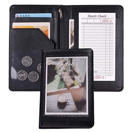 Black Faux Leather Waiter or Waitress Serving Book Organizer Wallet, Restaurant Receipt or Money Check Holde (Black/8" ×5" inch)