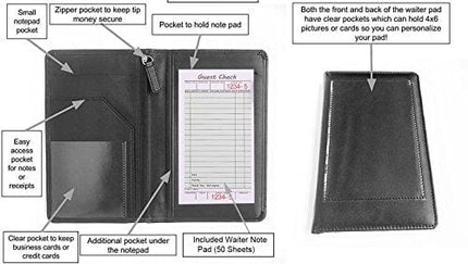 Black Faux Leather Waiter or Waitress Serving Book Organizer Wallet, Restaurant Receipt or Money Check Holde (Black/8" ×5" inch)