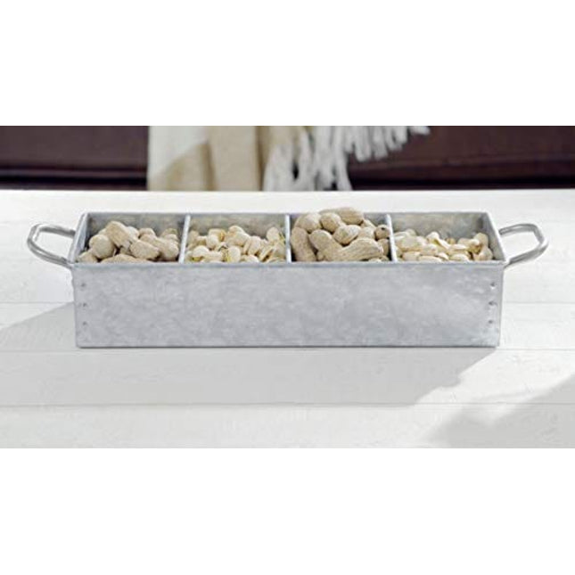 WH Walford Home Galvanized Metal Storage Tray – Rustic Farmhouse Decor Caddy with Handles – Functional & Decorative Vintage Style 4 Compartment Cutlery & Napkin Organizer Box