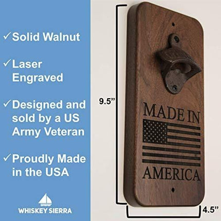 Whiskey Sierra Wall Bottle Opener - "Made In America" Laser Engraved Design, Walnut Wood with Rustic cold beer bottle opener. Wall mounted set, also great soda can opener for glass bottles. (Walnut)