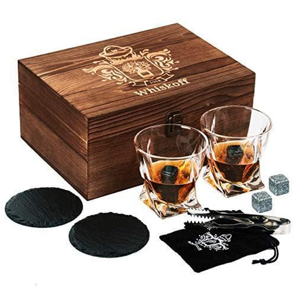 Whiskey Glass Set of 2 - Bourbon Whiskey Stones Gift Set - Rocks Whisky Chilling Stones - Scotch Glassess Gift in Wooden Box - Wisky Stones Set - Burbon Gifts for Men Dad for Birthday Fathers Day