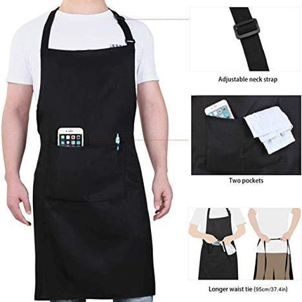 Will Well Adjustable Bib Aprons, Water Oil Stain Resistant Black Chef Cooking Kitchen Aprons with Pockets for Men Women (1 Pack)