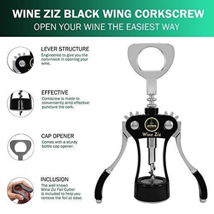 Wine Ziz Large Black Wing Corkscrew Bottle Opener with Foil Cutter Sturdy Metal Wine Cork Screw Built-In Beer Cap Openers Accessories | Best Housewarming Kitchen Gift for Women and Men