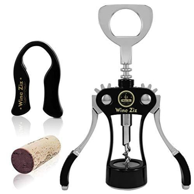 Wine Ziz Large Black Wing Corkscrew Bottle Opener with Foil Cutter Sturdy Metal Wine Cork Screw Built-In Beer Cap Openers Accessories | Best Housewarming Kitchen Gift for Women and Men