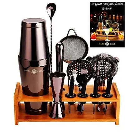 Black Pro Cocktail Shaker Set by WinterCastle-The 18 Piece Ultimate Bartender Kit: Boston Shaker, Jigger, Muddler, Bar Spoon, 3 Strainers, 4 Pourers with Caps, Tongs, Bamboo Stand, Free Recipe EBook