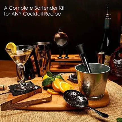 Black Pro Cocktail Shaker Set by WinterCastle-The 18 Piece Ultimate Bartender Kit: Boston Shaker, Jigger, Muddler, Bar Spoon, 3 Strainers, 4 Pourers with Caps, Tongs, Bamboo Stand, Free Recipe EBook