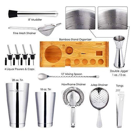 Silver Pro Cocktail Shaker Set by WinterCastle-The 18 piece Ultimate Bartender Kit: Boston Shaker, Jigger, Muddler, Bar Spoon, 3 Strainers, 4 Pourers with Caps, Tongs, Bamboo Stand, FREE Recipe EBook