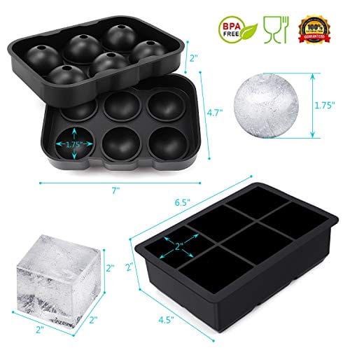 Glacio Ice Cube Trays Silicone Combo Mould - Set of 2, Sphere Ice Ball Maker with Lid & Large Square Moulds, Reusable and BPA Free