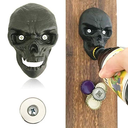 WODEGIFT Bottle Opener Wall Mounted Cast Iron With Magnetic Cap Catcher Bottle opener ，Party ，Halloween Gift (Black)