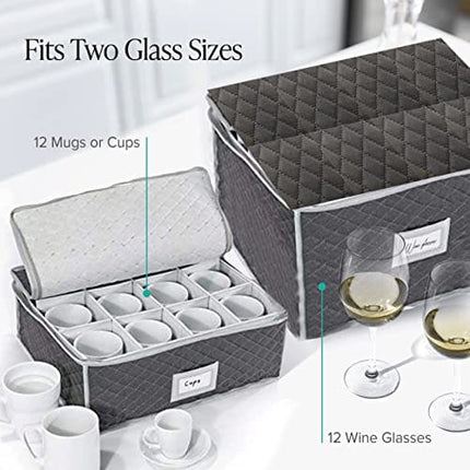 Woffit Wine Glass Storage - Set of 2 Quilted Packing Containers for Mugs & Glassware - Stemware and Coffee Cup Kit, 12pcs per Box w/ Insert Cards for Labelling - Gray