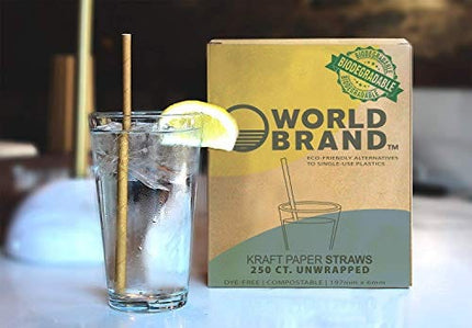 World Brand 250 Count Kraft Paper Straws - Eco-Friendly Party Supplies - Biodegradable Drinking Straws - Plastic & Dye Free - Unwrapped - Perfect for Juices, Shakes, Smoothies, Ice Coffee & More