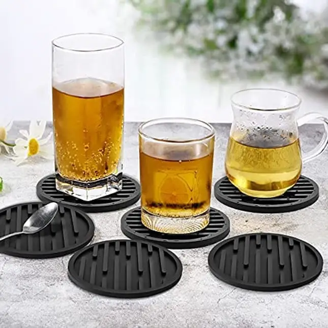 wplhb Drinks Coasters, Coasters for Drinks Absorbent with Holder, Set of 6 Soft Silicone Coasters, Dishwasher Safe Coasters, Coasters for Coffee Table, Bar Non-Slip Coasters