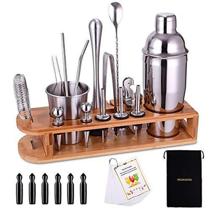 Cocktail Shaker Set Bartender Kit 26-Piece Stainless Steel Bar Tool Set with Bamboo Stand,Home Cocktail Tool with All Bar Accessories (Silver)