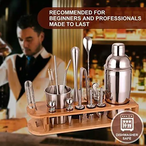 Esmula Bartender Kit with Stylish Bamboo Stand, 12 Piece 25oz Cocktail  Shaker Set for Mixed Drink, Professional Stainless Steel Bar Tool Set, Gift  for