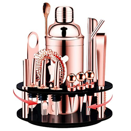 X-cosrack Bar Set |19-Piece Rose Gold Home Cocktail Shaker Set | Stainless Steel Bar Tools with Rotating Stand | Bartender Kit for Professional and Beginners