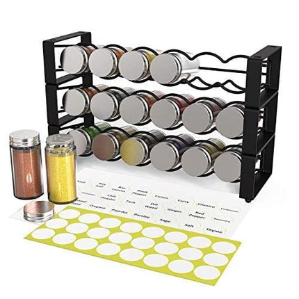 X-cosrack 3 Tier Stackable Spice Holder Storage Rack Wall Hanging Mount with 18 Glass Empty Jars & 48 Labels Stackable or 3 Rack Independent Use Freestanding Black Frosted Iron Seasoning Condiment Display Shelf
