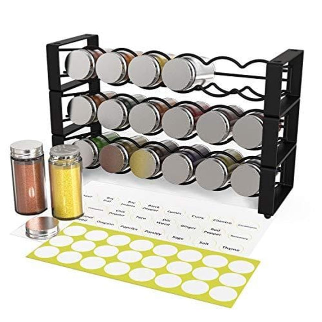 X-cosrack 3 Tier Stackable Spice Holder Storage Rack Wall Hanging Mount with 18 Glass Empty Jars & 48 Labels Stackable or 3 Rack Independent Use Freestanding Black Frosted Iron Seasoning Condiment Display Shelf