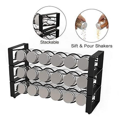 X-cosrack 3 Tier Stackable Spice Holder Storage Rack Wall Hanging Mount with 18 Glass Empty Jars & 48 Labels Stackable or 3 Rack Independent Use Freestanding Black Frosted Iron Seasoning Condiment Display Shelf