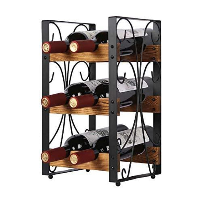 X-cosrack Rustic 3 Tier 6 Bottle Countertop Wine Rack Freestanding Wine Organizer Holder Stand Tabletop Liquor Storage Shelf Wood & Metal 9.8" L x 7.6" W x 16.5" H