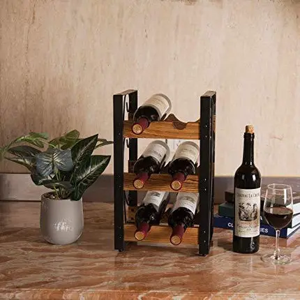 X-cosrack Rustic 3 Tier 6 Bottle Countertop Wine Rack Freestanding Wine Organizer Holder Stand Tabletop Liquor Storage Shelf Wood & Metal 9.8" L x 7.6" W x 16.5" H