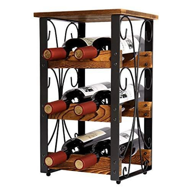 X-cosrack Rustic 6 Bottles Tabletop Wine Rack Freestanding 3 Tier Wine Organizer Holder Stand Countertop Liquor Storage Shelf Solid Wood & Iron 10.6" L x 8.6" W x 17.8" H