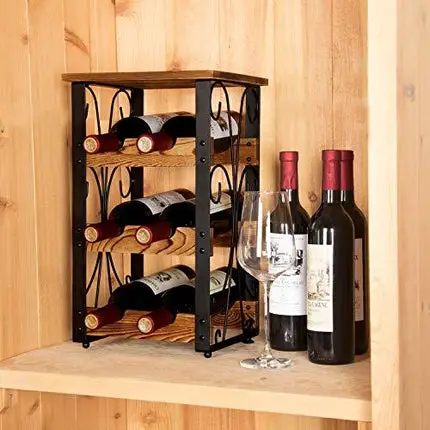 X-cosrack Rustic 6 Bottles Tabletop Wine Rack Freestanding 3 Tier Wine Organizer Holder Stand Countertop Liquor Storage Shelf Solid Wood & Iron 10.6" L x 8.6" W x 17.8" H