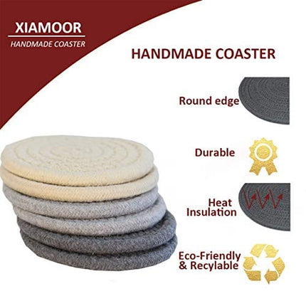 Absorbent Drink Coasters Handmade Braided Drink Coasters 6 Pack (4.3 Inch, Round, 8mm Thick) Super Absorbent Heat-Resistant Coasters for Drinks Great Housewarming Gift
