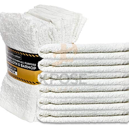 Xpose Safety Bar Mop Towels 12 Pack - Terry Cloth Cotton - Premium Quality Absorbent Home, Kitchen and Restaurant White Cleaning Rags - 16" x 19"