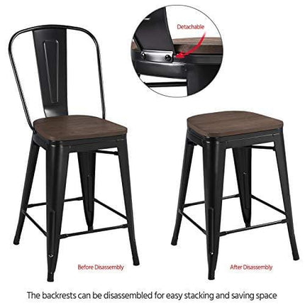 Yaheetech 24Inch Seat Height Tolix Style Dining Stools Chairs with Wood Seat/Top and High Backrest, Industrial Metal Counter Height Stool, Modern Kitchen Dining Bar Chairs Rustic, Black, Set of 4