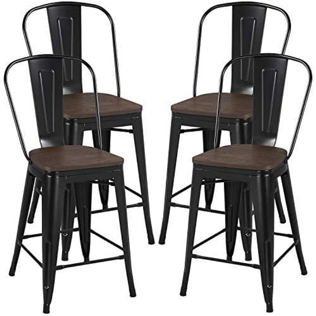 Yaheetech 24Inch Seat Height Tolix Style Dining Stools Chairs with Wood Seat/Top and High Backrest, Industrial Metal Counter Height Stool, Modern Kitchen Dining Bar Chairs Rustic, Black, Set of 4