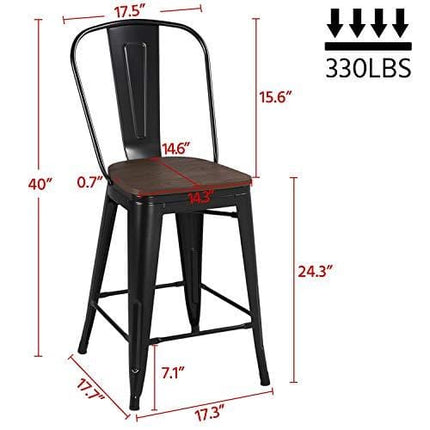 Yaheetech 24Inch Seat Height Tolix Style Dining Stools Chairs with Wood Seat/Top and High Backrest, Industrial Metal Counter Height Stool, Modern Kitchen Dining Bar Chairs Rustic, Black, Set of 4