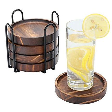 Wooden Coasters for Drinks - Natural Paulownia Wood Drink Coaster Set for Drinking Glasses, Tabletop Protection for Any Table Type, Set of 5 - Dia 4.3 x 4.3 x 0.8 Inches