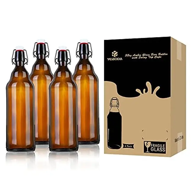 YEBODA 32 oz Amber Glass Beer Bottles for Home Brewing with Flip Caps, Case of 4