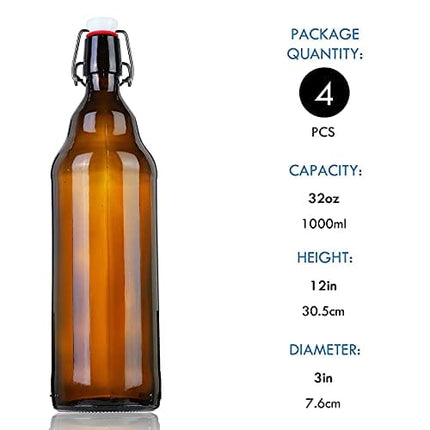 YEBODA 32 oz Amber Glass Beer Bottles for Home Brewing with Flip Caps, Case of 4