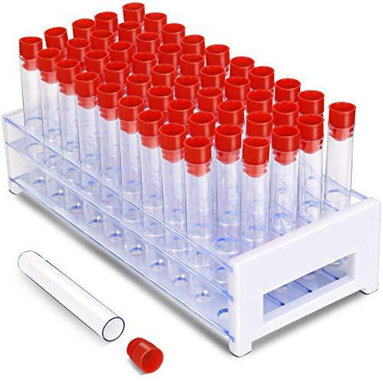 Test Tubes with Rack, YGDZ 50pcs Plastic Test Tube Vial Holder Rack, 16x100mm Clear Candy Test Tubes with Caps for Party Decoration