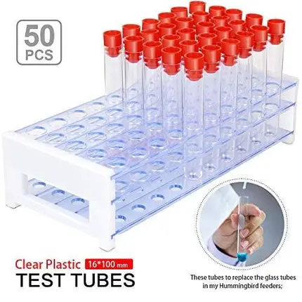 Test Tubes with Rack, YGDZ 50pcs Plastic Test Tube Vial Holder Rack, 16x100mm Clear Candy Test Tubes with Caps for Party Decoration