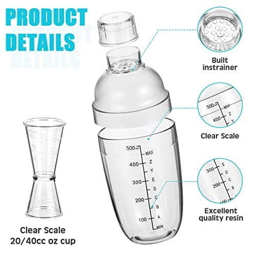 2pcs 500ml/17oz Plastic Cocktail Shaker with Scale and Strainer Top, Clear  Plastic Cocktail Shaker Bottle Wine Mixer Bottle Cocktail Tea Measuring