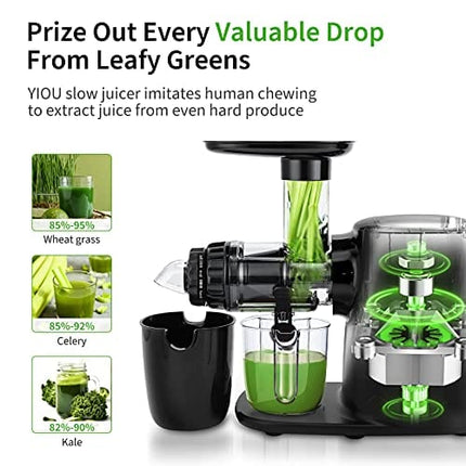 YIOU Juicer Machines, Cold Press Slow Masticating Juicer Easy to Clean with 3 Modes Vegetable and Fruit Juicer Extractor BPA-free High Hardness Tritan Material Slow Juicer, black (SJ-Black)