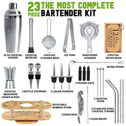 23-Piece Bartender Kit with Stand, Stainless Steel Cocktail Shaker Set Bar Tools with All Bar Accessories for The Home Bar Set ,Professional Martini Shaker Set Bartending Kit for Drink Mixer