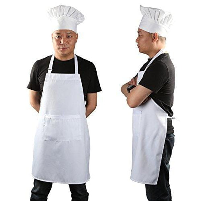 Yotache Chef Apron Set, Chef Hat and Kitchen Apron Adult Adjustable White Apron Baker Costume for Men and Women, 1 Set (33"L x 26"W)