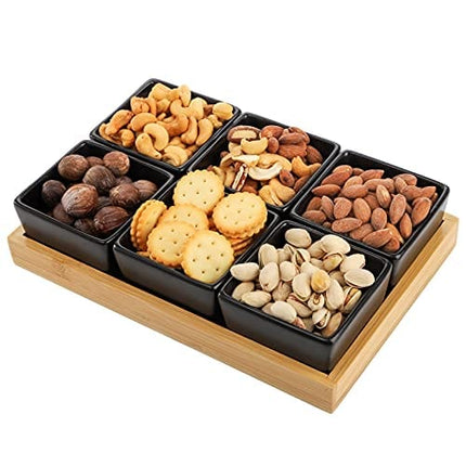 YOUEON Snack Serving Tray with 6 Compartment, Removable 5 Oz Ceramic Dip Bowls with Bamboo Pallets Divided Serving Platter for Cookies, Sauces, Appetizers, Spices, Condiments, Food, without Lid, Black