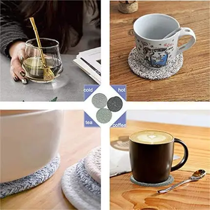 YYGMSS Coasters for Drinks Handmade Braided Drink Coasters Woven Coasters Super Water Absorbent Heat Insulation Sets of 6 4.3inches Round (Dark Grey+Light Grey+Green)