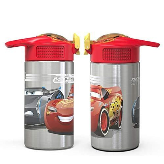 Zak Designs Disney Cars 3 - Stainless Steel Water Bottle with One Hand Operation Action Lid and Built-in Carrying Loop, Kids Water Bottle with Straw Spout is Perfect for Kids (15.5 oz, 18/8, BPA-Free)