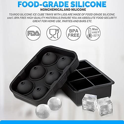 Ice Cube Trays Silicone (Set of 2) Whiskey Ice Ball Mold, Ice Ball Maker Mold, Round Ice Cube Mold, Sphere Ice Cube Mold, Square Large Ice Cube Tray for Cocktails & Bourbon - Easy Release BPA Free