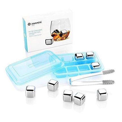 zanmini Stainless Steel Reusable Ice Cubes, Metal Whiskey Stones, Whiskey Rocks Chilling Stones with Tongs for Wine - Whiskey Stones Gift Set (Set of 8)