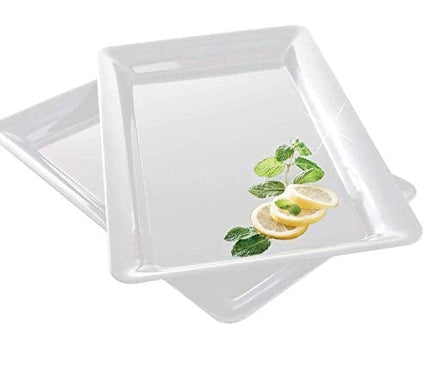 4 Rectangle White Plastic Trays Heavy Duty Plastic Serving Tray 12" x 18" Serving Platters Food Tray Decorative Serving Trays Wedding Platter Party Trays Great Disposable Serving Party Platters White