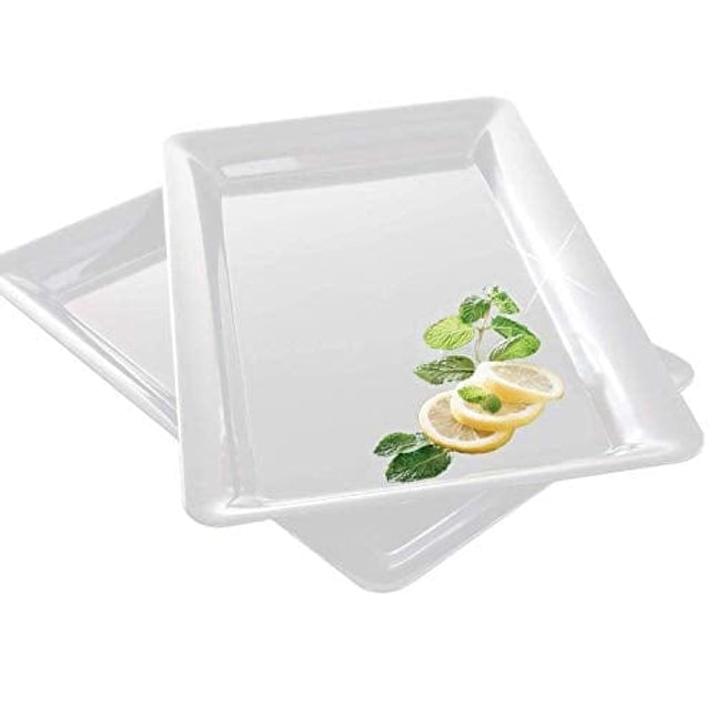 4 Rectangle White Plastic Trays Heavy Duty Plastic Serving Tray 12" x 18" Serving Platters Food Tray Decorative Serving Trays Wedding Platter Party Trays Great Disposable Serving Party Platters White