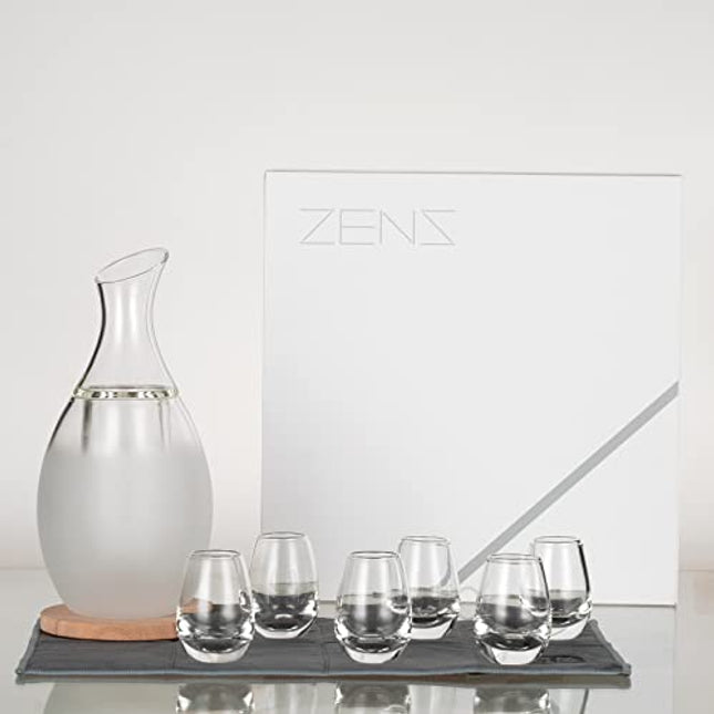ZENS Sake Set Glasses, 8.5 Ounce Sake Carafe Cups with 6 Saki Cup Set for Warmer or Cold Japanese Wine with Stone Coaster Gift Sets