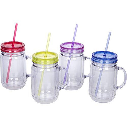 Zephyr Goods Plastic Mason Jars with Handles, Lids and Straws | 20 oz Double Insulated Tumbler with Straw | Set of 4 | Wide Mouth Mason Jar Mugs | Cups for Kids and Adults