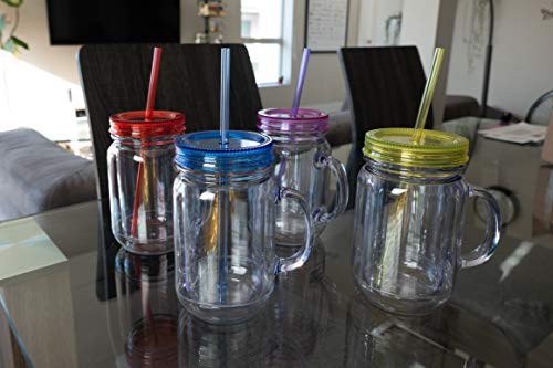 Zephyr Canyon Plastic Mason Jars with Handles, Lids and Straws, 20 oz  Double Insulated Tumbler with Straw, 4 Pack Set of 4, Wide Mouth Mason Jar  Mugs